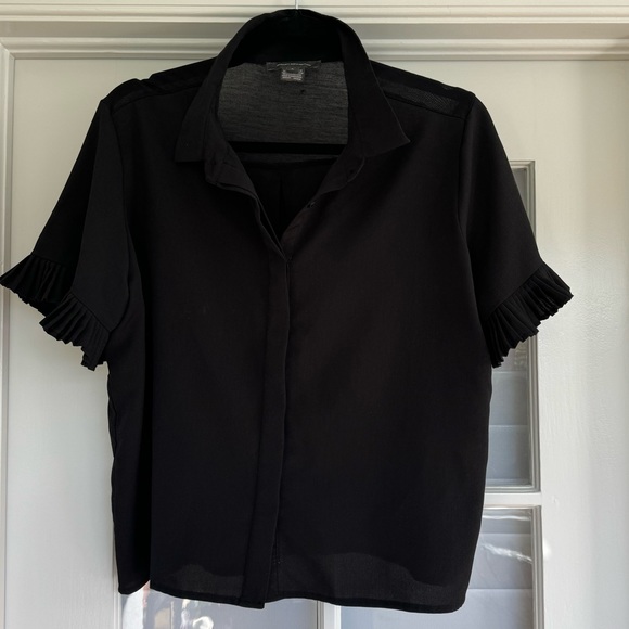 French Connection Women's Large Short Sleeve Collared Button Down Shirt Black - Picture 1 of 3